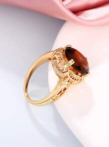 1入組時尚方晶鋯石戒指適合女士適合情人節禮品婚禮訂婚首飾類 - 棕色 - 查看 5