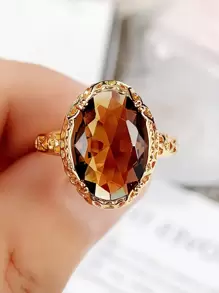1入組時尚方晶鋯石戒指適合女士適合情人節禮品婚禮訂婚首飾類 - 棕色 - 查看 6