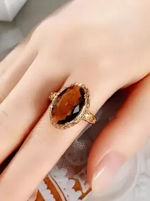 1入組時尚方晶鋯石戒指適合女士適合情人節禮品婚禮訂婚首飾類 - 棕色 - 查看 7