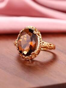 1入組時尚方晶鋯石戒指適合女士適合情人節禮品婚禮訂婚首飾類 - 棕色 - 查看 8