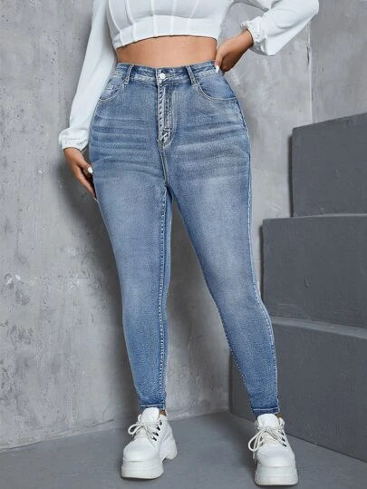 大碼高腰單釦緊身牛仔褲