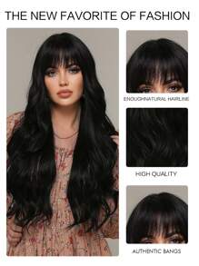 28 Inch Natural Black Long Curly Wig With Bangs Synthetic Wig Beginners Friendly Heat Resistant Fashionable For Daily Use Halloween Wedding Party Wear Music Festival Mother's Day Gift - Black - View 7