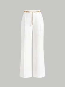 SHEIN MOD Solid Wide Leg Belted Trousers - White - View 2