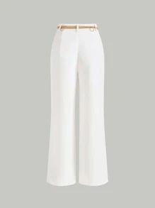 SHEIN MOD Solid Wide Leg Belted Trousers - White - View 4