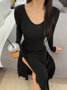 DAZY Vestido unicolor de muslo con abertura - Negro - Ver 4