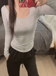 DAZY Solid Scoop Neck Tee,Fall Clothes Long Sleeve Women Tops - Grey - View 5