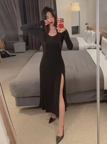 DAZY Vestido unicolor de muslo con abertura - Negro - Ver 5