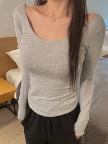 DAZY Solid Scoop Neck Tee,Fall Clothes Long Sleeve Women Tops - Grey - View 7