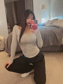 DAZY Solid Scoop Neck Tee,Fall Clothes Long Sleeve Women Tops - Grey - View 8