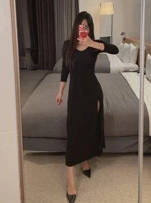 DAZY Vestido unicolor de muslo con abertura - Negro - Ver 8