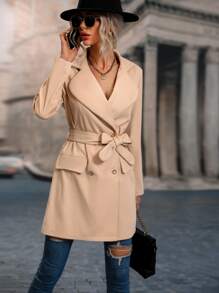 SHEIN LUNE 雙排釦腰帶風衣外套 - 卡其色 - 查看 5