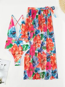 SHEIN Swim Summer Floral Print One Piece Swimsuit With Beach Skirt - Multicolor - View 7
