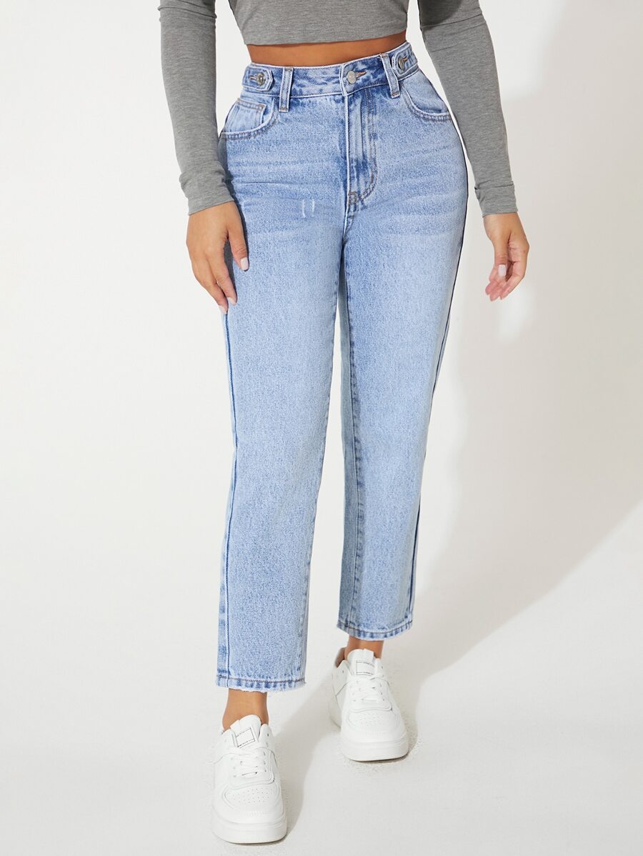 SHEIN PETITE Quần jean nữ Túi Dây kéo Nút màu trơn - Rửa nhẹ - Xem 1