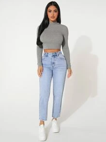 SHEIN PETITE Quần jean nữ Túi Dây kéo Nút màu trơn - Rửa nhẹ - Xem 3
