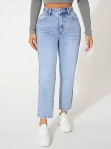 SHEIN PETITE Quần jean nữ Túi Dây kéo Nút màu trơn - Rửa nhẹ - Xem 4