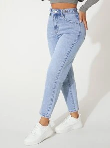 SHEIN PETITE Quần jean nữ Túi Dây kéo Nút màu trơn - Rửa nhẹ - Xem 6