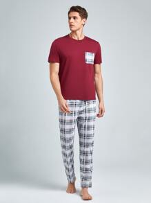Men Plaid Patched Pocket PJ Set - Multicolor - View 3