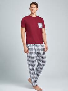 Men Plaid Patched Pocket PJ Set - Multicolor - View 4