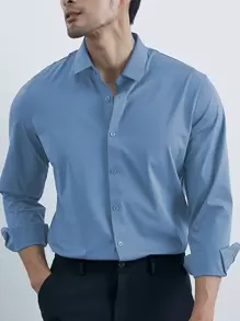 Manfinity Mode Hombres Camisa unicolor con botón - Neblina azul - Ver 1