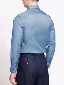 Manfinity Mode Hombres Camisa unicolor con botón - Neblina azul - Ver 2