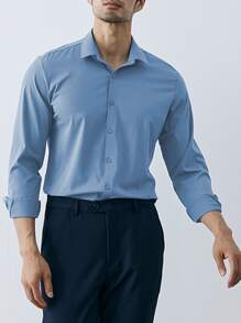 Manfinity Mode Hombres Camisa unicolor con botón - Neblina azul - Ver 3