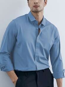 Manfinity Mode Hombres Camisa unicolor con botón - Neblina azul - Ver 4