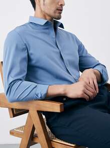 Manfinity Mode Hombres Camisa unicolor con botón - Neblina azul - Ver 5