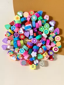 100 顆隨機花朵和星形 DIY 粘土珠 - 彩色 - 查看 1