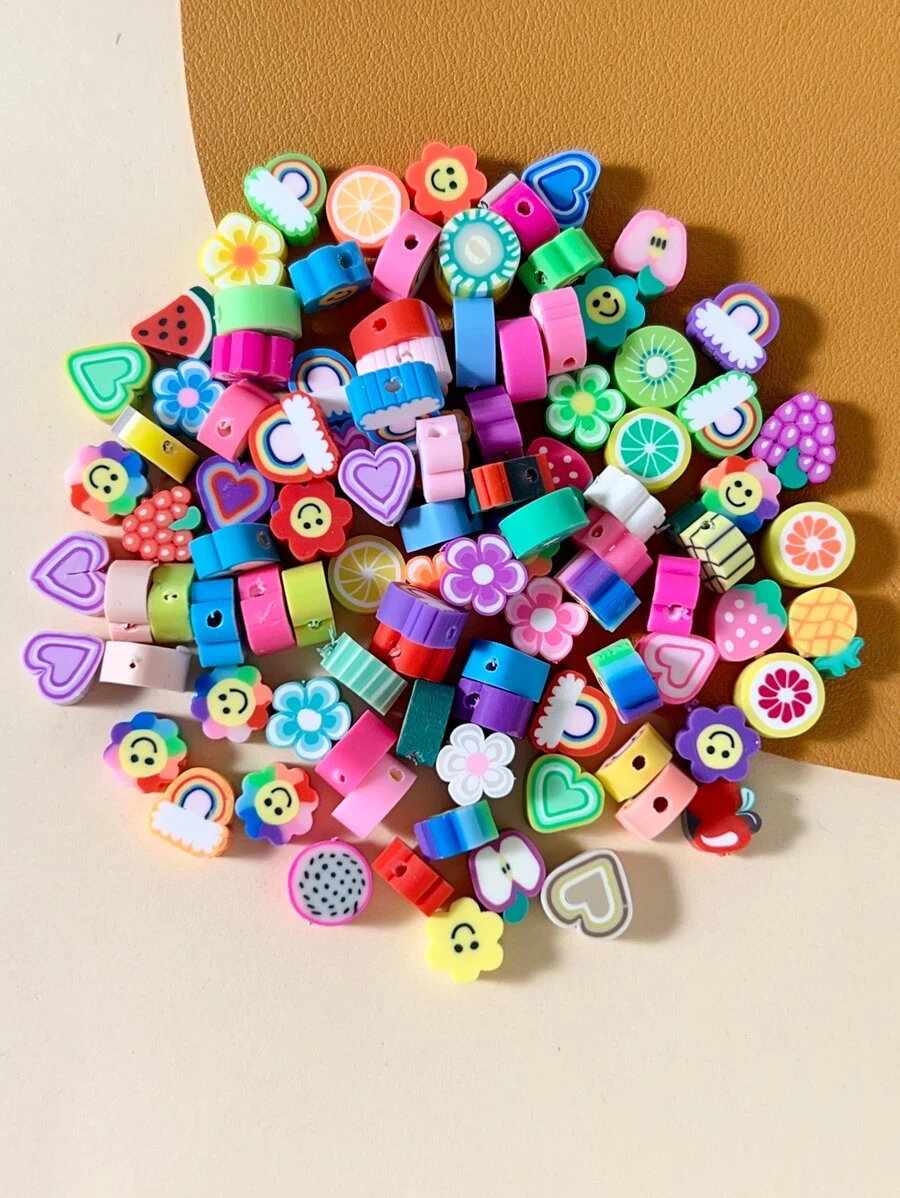100 顆隨機花朵和星形 DIY 粘土珠 - 彩色 - 查看 1
