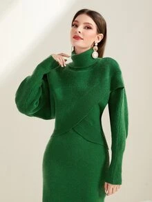 Modelyn Turtleneck Drop Shoulder Jumper & Cami Jumper Dress - Green - View 5