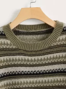 Academia Striped Pattern Drop Shoulder Sweater - Green - View 3