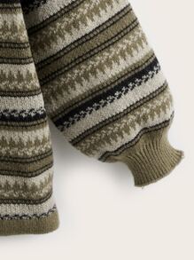Academia Striped Pattern Drop Shoulder Sweater - Green - View 4