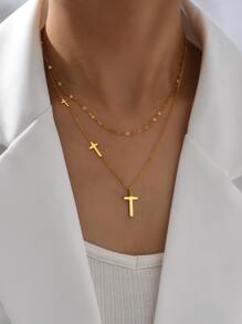 Dây chuyền thép không gỉ ba lớp mịn chéo hai lớp phong cách Âu Mỹ đơn giản thời trang phù hợp để đeo hàng ngày - Vàng - Xem 1