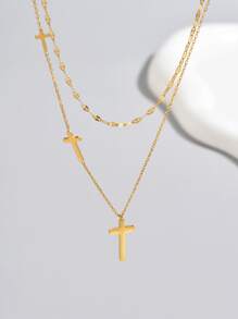Dây chuyền thép không gỉ ba lớp mịn chéo hai lớp phong cách Âu Mỹ đơn giản thời trang phù hợp để đeo hàng ngày - Vàng - Xem 2