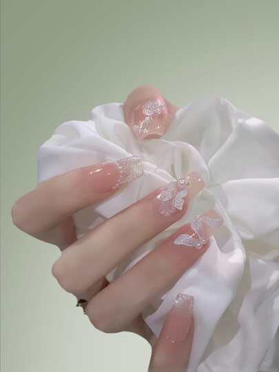 Fairycore 24pcs Long Coffin Butterfly Decor Fake Nail