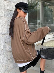 DAZY Letter Embroidery Top-stitching Drop Shoulder Oversized Sweatshirt - Khaki - View 2