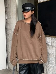 DAZY Letter Embroidery Top-stitching Drop Shoulder Oversized Sweatshirt - Khaki - View 4
