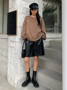 DAZY Letter Embroidery Top-stitching Drop Shoulder Oversized Sweatshirt - Khaki - View 6