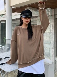 DAZY Letter Embroidery Top-stitching Drop Shoulder Oversized Sweatshirt - Khaki - View 9