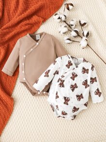 SHEIN 嬰兒嬰兒1入組小熊印花連身背心和1入組素色連身背心 - 彩色 - 查看 1