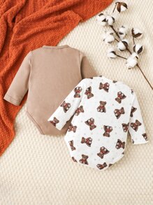 SHEIN 嬰兒嬰兒1入組小熊印花連身背心和1入組素色連身背心 - 彩色 - 查看 4