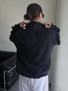 DAZY Letter Graphic Quarter Zip Drop Shoulder Sweatshirt,Fall Clothes - Navy Blue - View 2