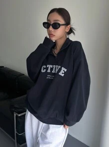 DAZY Letter Graphic Quarter Zip Drop Shoulder Sweatshirt,Fall Clothes - Navy Blue - View 4