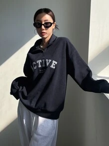 DAZY Letter Graphic Quarter Zip Drop Shoulder Sweatshirt,Fall Clothes - Navy Blue - View 5