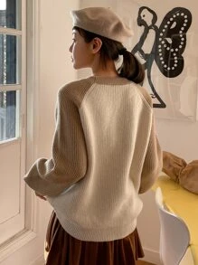 DAZY 雙色插肩袖刺繡細節套頭毛衣 - 杏色 - 查看 2