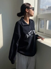 DAZY Letter Graphic Quarter Zip Drop Shoulder Sweatshirt,Fall Clothes - Navy Blue - View 6