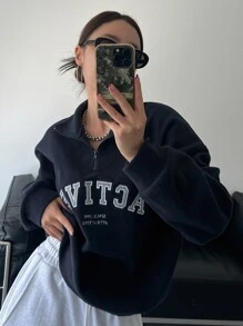 DAZY Letter Graphic Quarter Zip Drop Shoulder Sweatshirt,Fall Clothes - Navy Blue - View 7