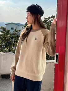 DAZY 雙色插肩袖刺繡細節套頭毛衣 - 杏色 - 查看 5