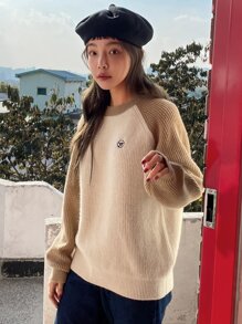 DAZY 雙色插肩袖刺繡細節套頭毛衣 - 杏色 - 查看 6