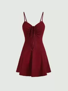 SHEIN MOD 素色前抽繩吊帶連衣裙 - 酒紅色 - 查看 1